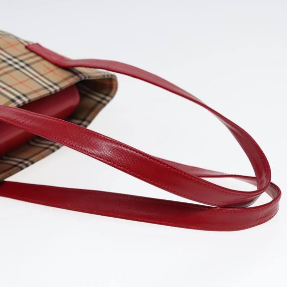 BURBERRY Nova Check Tote Bag Canvas Leather Beige Gold Red Auth 86159 - Picture 7 of 16